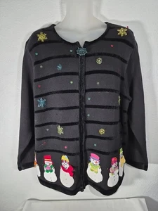 Quacker Factory Black Zip-Up Cardigan Snowman & Snowflakes Sweater Size 1X - Picture 1 of 8