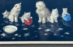 Large Jose Rosales Arostegui (b.1924-) "Playful Kittens" Oil Painting on Canvas - Picture 1 of 11