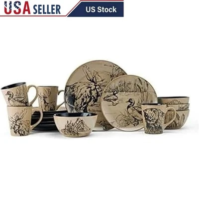 Juego de vajilla de 16 piezas estilo Lodge con estampado de animales gres duradero cuatro nuevo Foto 1 de 4