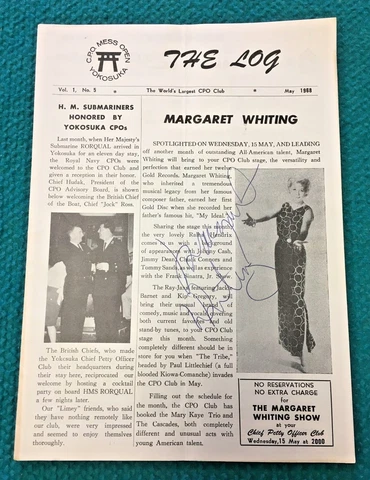 1968 Signed : MARGARET WHITING "Yokosuka, Japan" CPO Club NEWSLETTER @ Music Cover