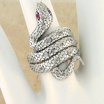 GENUINE STONE EYES SNAKE RING 925 STERLING SILVER W/CZ SIDE STONES          221X - Image 1 of 3