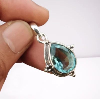 Aquamarine Gemstone Pendant 925 Sterling Silver Handmade Bohemian Pendant 1.88" - Image 1 of 4