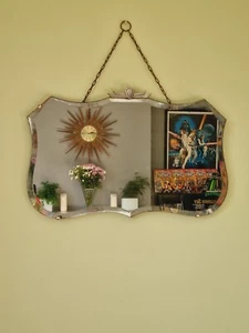 Art Deco Vintage Small Wall Mirror Bevelled Edge Chrome Crest Frameless 54x36 Cm - Picture 1 of 8