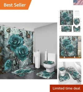 Bathroom Shower Curtain Set Waterproof Rugs Toilet Cover Hooks Teal Rose - Picture 1 of 7