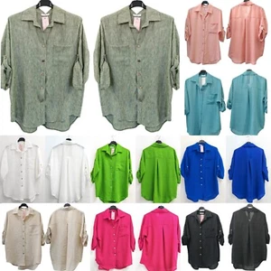Women Long Sleeve Linen Shirt Ladies Oversized Rol Up Button Down Collared Shirt - Picture 1 of 44