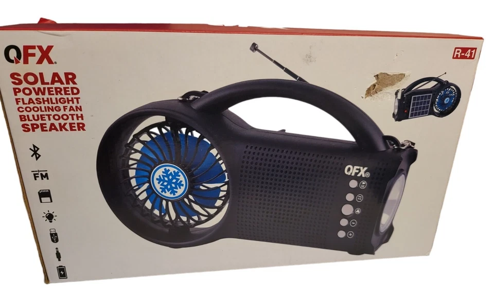 QFX Solar Powered Flashlight Cooling Fan Bluetooth Speaker R-41 - Image 1 of 1