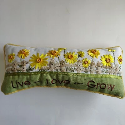 Sunflower Garden Yellow Throw Pillow Lumbar Appliqued Embroidered Live Love Grow - Image 1 of 4