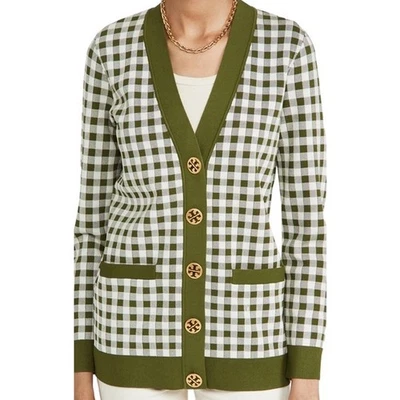 Cárdigan Tory Burch Gingham Boyfriend Simone en verde Bristol/marfil mediano Foto 1 de 4