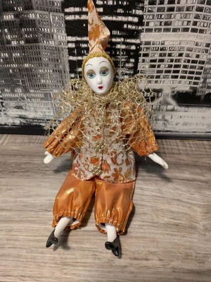 VTG Porcelain Harlequin Jester Clown Doll Gold Brocade Hat 9 Inch Tall OOAK - Image 1 of 4