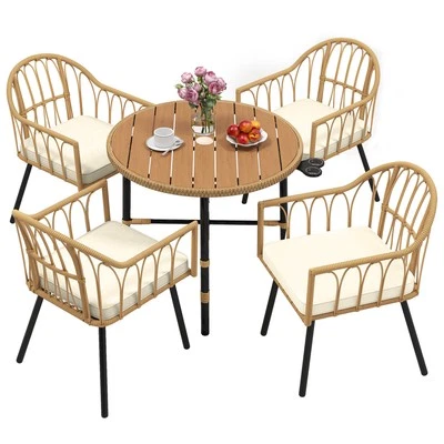 Outdoor Wicker Round Dining Table Plastic Wood Tabletop for Patio Backyard - Image 1 of 4