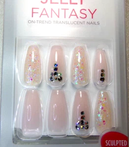 KISS Fantasy JELLY NAILS GLUE ON Barely Pink LONG LENGTH, Sculpted COFFIN - Picture 1 of 3