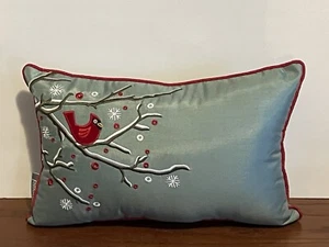 Pillow Perfect Red Cardinal Embroidered Snowy Day Shimmery Fabric  16”  Pillow - Picture 1 of 11