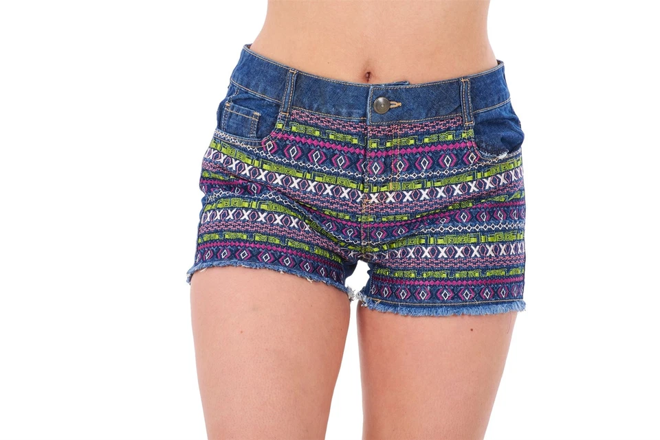 Pantalones cortos de mezclilla bordados 100 % algodón con cremallera y mosca para mujer Pantalones cortos deshilachados de verano Foto 1 de 3