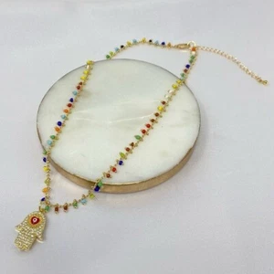NEW 14k Gold Plated Hanging Hamsa Red Evil Eye Pendant Beaded Chain Necklace - Picture 1 of 4