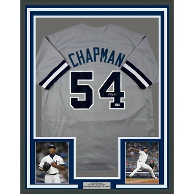 Framed Autographed/Signed Aroldis Chapman 33x42 New York Grey Jersey BAS COA - Image 1 of 2