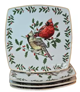 Juego de 4 platos de postre de cardenal de Navidad Living Quarters cuadrados 7,75" en caja de regalo - Imagen 1 de 6