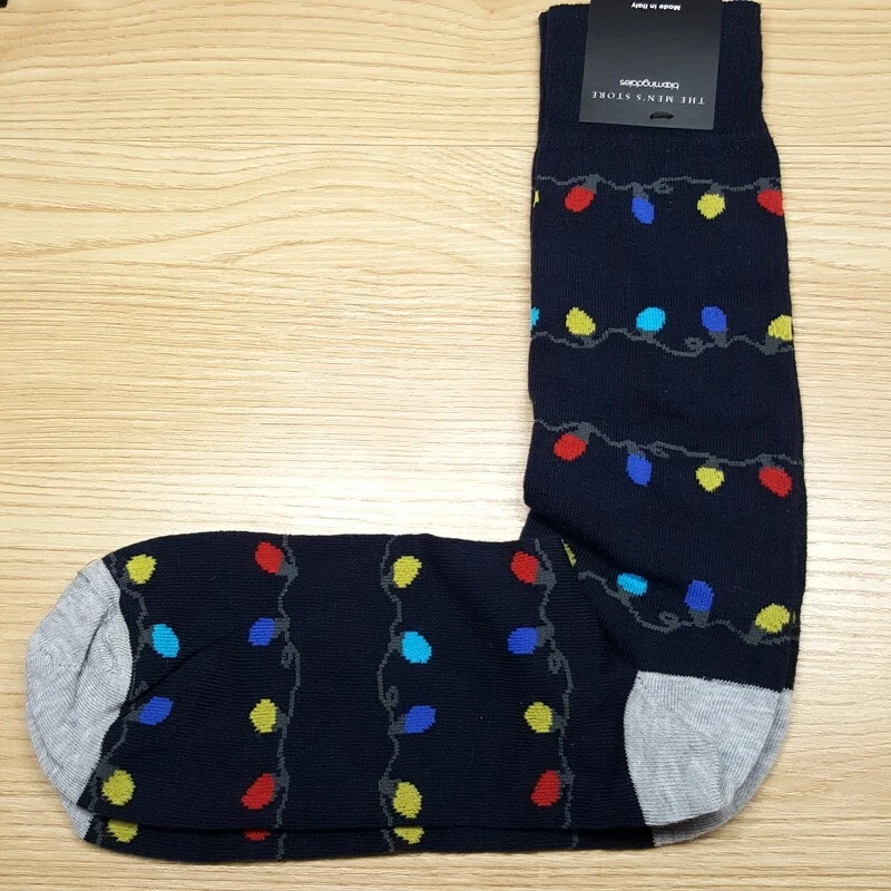 BLOOMINGDALES MENS STORE Dress Socks Navy Holiday Lights Size 10-13 Cotton Blend - Image 1 of 4