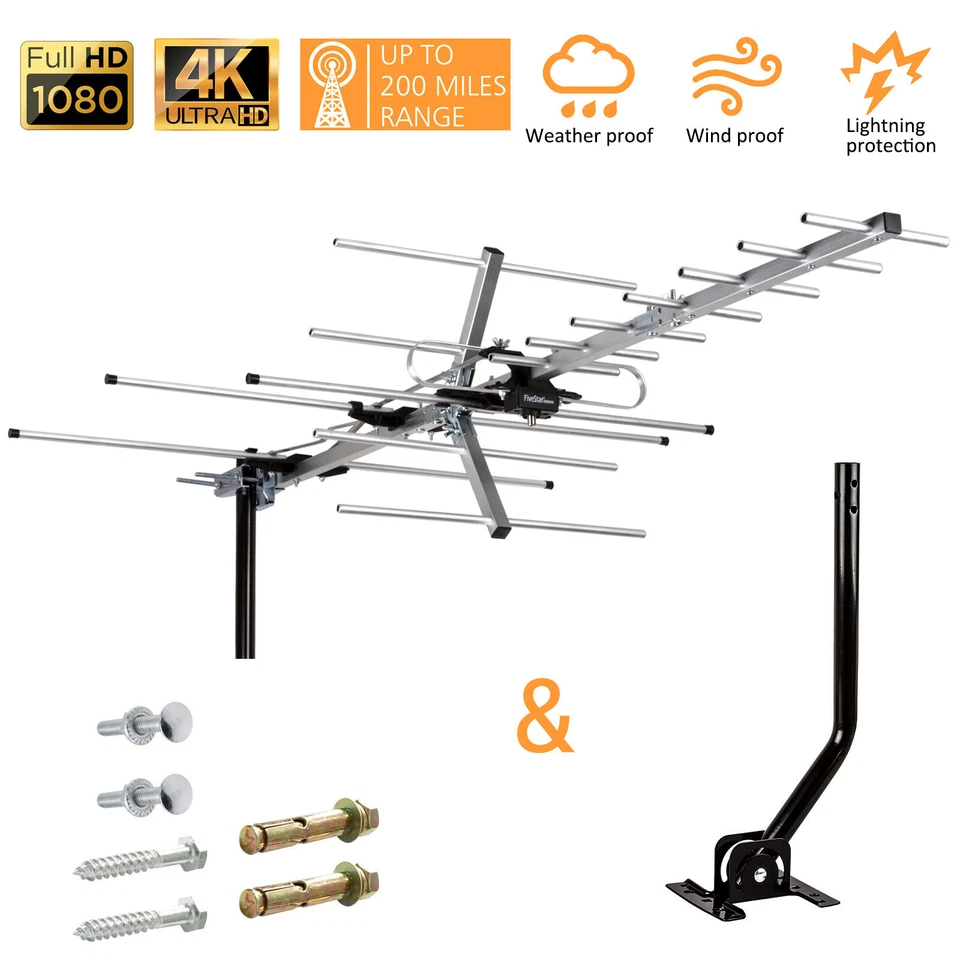Five Star Yagi HD TV Antenna Outdoor Antenna VHF UHF TV Mounting Pole 40ft Cable - Image 1 of 4