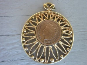 vintage Indian head penny filagree jewelry pendant 1901 cent - Picture 1 of 4