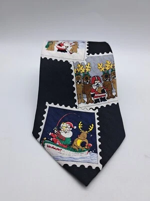 Винтажный праздничный шелковый галстук American Greetings Travel Collec. 2002 Санта, северный олень - Изображение 1 из 4