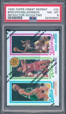 1996 Topps Finest Reprint Refractor Bird Erving Magic Johnson W/ Coating PSA 8 - Image 1 of 3