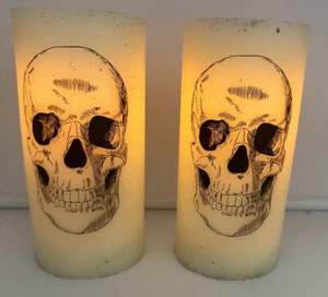 Two Halloween Flameless Candle Skull Head Party Decoration Battery Operated - Picture 1 of 9
