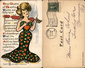1906 Vinagre San Valentín Postal Cómic Humor Mujer Corazones Espada Matasellos Boston - Imagen 1 de 1