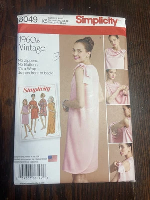 Simplicity 8049 Back Wrap Dress Shoulder Bow MCM Sz 8-16 UNCUT - Image 1 of 2