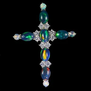 925 Sterling Silver Pendant Oval Black Opal Fire Opal Cross Gemstone Jewelry - Picture 1 of 13