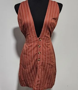 Linen Cotton Blend Womens Medium Pinafore Overall Dress Cottagecore Boho 70s  - Picture 1 of 12