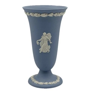 Wedgwood Blue Jasperware Flared Vase 4” Footed Trumpet Classical Dancing Nymphs - Picture 1 of 10