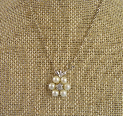 Винтажный 14k белое золото жемчуг цветок подвеска ожерелье цепочка бриллиант акцент (J) - Изображение 1 из 4