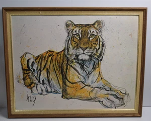 Vintage Fritz Rudolph Hug Lion Art Print Framed MCM Collectible Big Cat Feline - Picture 1 of 15