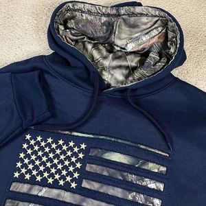 Mossy Oak Mens SZ XL Camo Flag Navy Long Sleeve Hoodie Kangaroo Sweatshirt - Picture 1 of 7