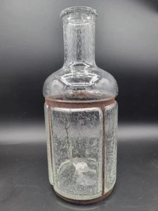 West Elm Caged Pulegoso Bubble Glass Rustic Metal Bottle Vase Modern ~11" - Picture 1 of 4