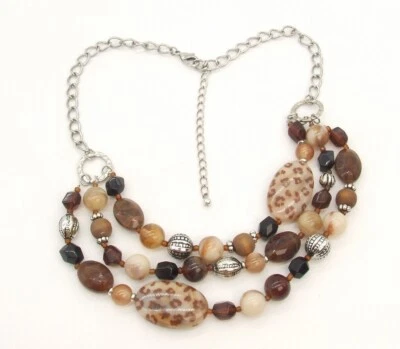 Collar Gargantilla 18" Plata-T Tonos Tierra Multi-Hebra Leopardo Lucita Ámbar Beige Foto 1 de 3