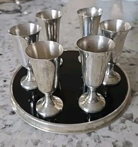 Set Of Six Wallace Sterling Silver Shot Glasses With Sterling Rim Tray - Picture 1 of 10