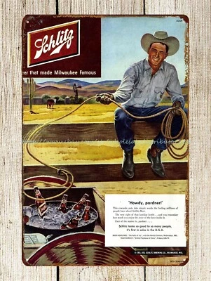 room decor ideas rustic tavern Beer 1951 Howdy Pardner cowboy tin sign - Image 1 of 4