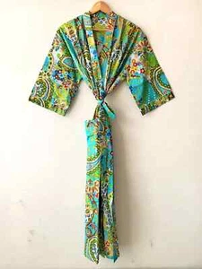 Indian Handmade Vintage Kimono Paisley Print Cotton Bath Robes Maxi Night Gown - Picture 1 of 5