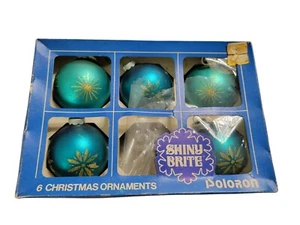 5 Vintage Shiny Brite USA türkis Ornamente Stern Starburst Gold Glitzer in Box - Bild 1 von 10