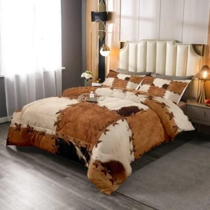 Cowhide Bedding Sets Patchwork Cow Fur Print Comforter Farm Western Comforter - Picture 1 of 10