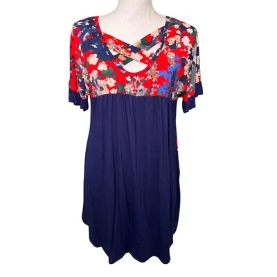 Floral Tunic Top Womens S V Neck Criss Cross Floaty Short Flutter Sleeve Navy - Imagem 1 de 4