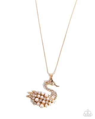 Paparazzi Swan Shimmer - Ouro - Strass branco e pérolas - Colar de cisne dourado - Imagem 1 de 3
