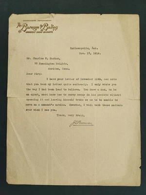 Antiguo membrete de circo Barnum & Bailey 1914 carta meriden ct Parker Foto 1 de 2