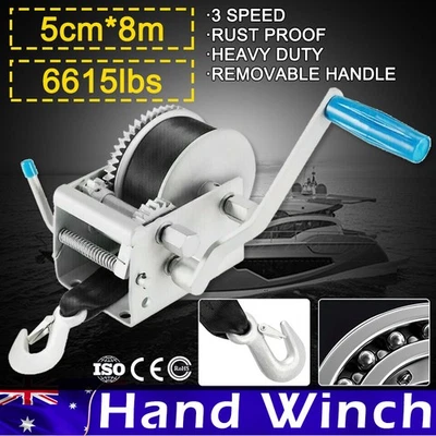 3000KG 6615LBS Hand Winch 3 Speed 4WD Car Trailer Boat Webbing Strap 8M X 50MM - image 1 of 4