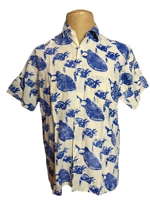 RUM REGGAE Men's Short Sleeve Button Front Whale Shark Beige Size Medium - Image 1 of 4