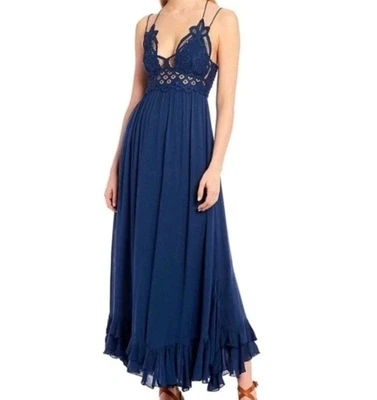 FP One Navy Blue Adella Lace Crochet  V-neck Asymmetrical Ruffle Hem Maxi Dress - Image 1 of 4