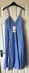 BNWT Blue Stripe ZARA Cotton Poplin Summer Full Skirt Midi Dress S 10 - Picture 1 of 8