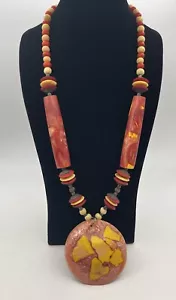 Statement Chunky Plastic & Beaded Red & Yellow Toned Necklace Artisan - Picture 1 of 6