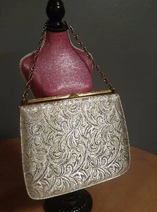 Vintage 60s Nicholas Reich Brocade Gold Silver Purse Handbag Chain Handle Retro - Picture 1 of 12